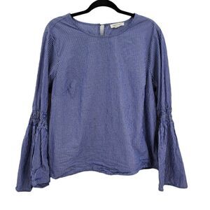 Beach Lunch Lounge Top Smocked Bell Statement Sleeve Railroad Striped Blue Sz XL